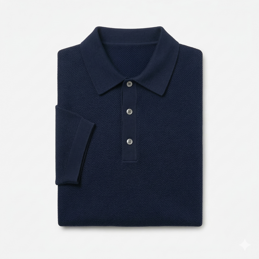 Textured Cotton Knit Polo Shirt - Navy